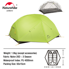 Naturehike Mongar Tent 2 Person Ultralight Travel Tent Double Layer Waterproof Tent Backpacking Tent Outdoor Hiking Camping Tent (Color: 20D - Green)